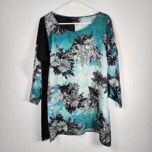 Citron Tunic Top Silk Floral Jacquard Aqua Black Art to Wear Size Medium Roomy